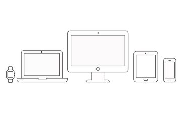 Taslak aygıt simgelerinin vektör kümesi. Monitör, laptop, tablet bilgisayar, akıllı telefon ve akıllı saat