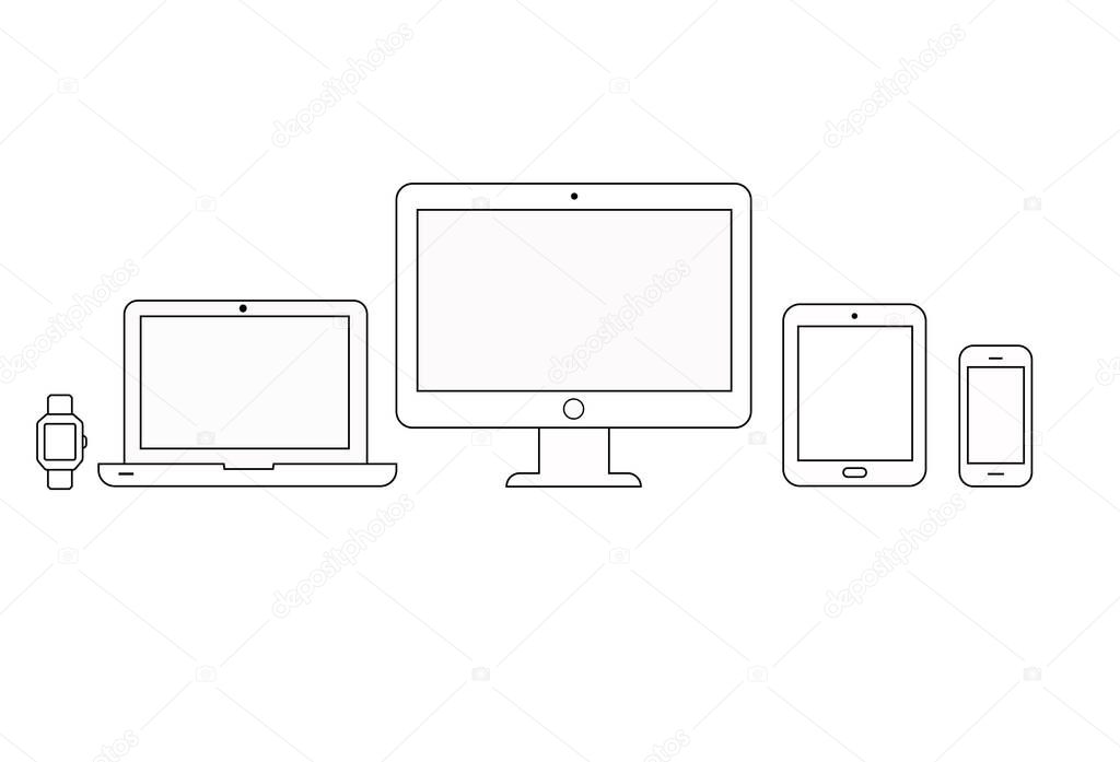 Vector set of outline device icons. Monitor, laptop, tablet pc, smartphone and smart watch