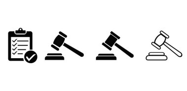 Çekiç simgeleri hazır. Düz ikon koleksiyonu Yargıç Hammers. Açık arttırma çekiç ikonu. Çekiç simgesi farklı bir stilde. Harf Başlığı