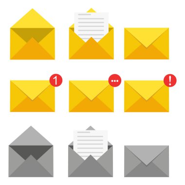 Posta simgeleri ayarlandı. Beyaz arkaplanda izole edilmiş düz tasarım vektör illüstrasyonu