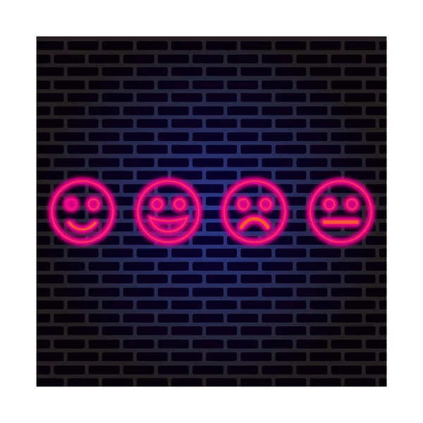 Neonlichter Emoticons Emoji Faces Sammlung Glückliche Und Traurige Emoticons Linie — Stockvektor