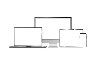 Aygıt ekranları modelleme. Dizüstü bilgisayar profesyoneli ve ince, tablet ve akıllı telefon gümüş ve koyu gri renkler sizin için tasarlandı. Gerçekçi vektör .