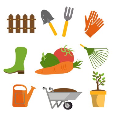 Çiftlik ve tarım için bir takım ikonlar. Bitkiler ve bahçe aletleri. Bitki ekimi ve bitki bakımı. Çiçek işi. Tarım makineleri ve teknoloji. Çiftçilik, tarım, bitki, mahsul gibi ikonlar