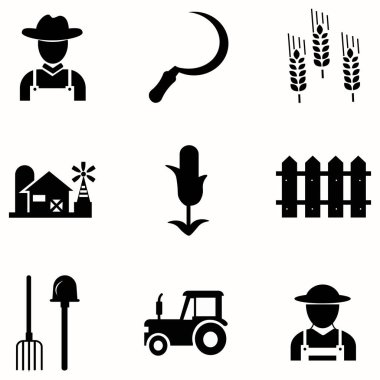 Çiftlik ve tarım için bir takım ikonlar. Bitkiler ve bahçe aletleri. Bitki ekimi ve bitki bakımı. Çiçek işi. Tarım makineleri ve teknoloji. Çiftçilik, tarım, bitki, mahsul gibi ikonlar