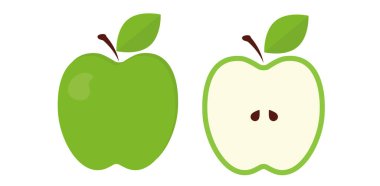 Elma vektör çizimi. Düz stil yeşil elma ikonları koleksiyonu. Beyaz arka planda yaprak ile tam ve yarım dilimlenmiş meyveler..