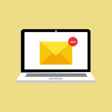 Posta zarflı defter. Bilgisayar ve belge ekranda. E-posta konsepti. Düz biçim vektör illüstrasyonu