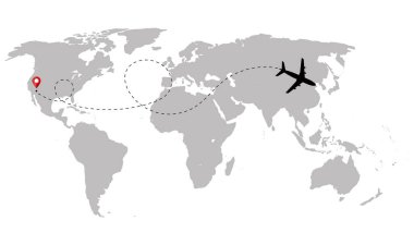 Airplane path to point with dotted line and world map on white background