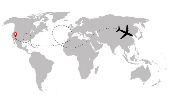 Caminho Avião Para Apontar Com Linha Pontilhada Mapa Mundo Sobre — Vetor de Stock