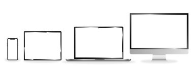 Şeffaf bir arkaplanda gerçekçi ve modaya uygun bir tasarım. Tablet bilgisayarlar ve boş ekranlı akıllı telefonlar. Düzen.