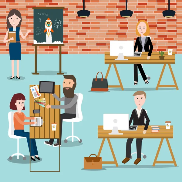 People working in the co-working space infographics elements.ill — Stock Vector