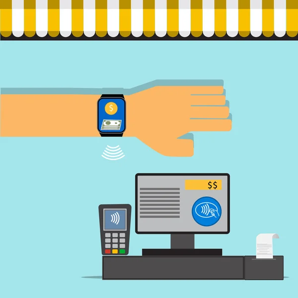 Conceito de pagamento móvel no smartwatch com tecnologia NFC Vector —  Vetores de Stock