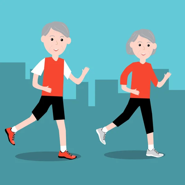Starý pár muž a žena běží pro fitness cvičení na ulici — Stockový vektor