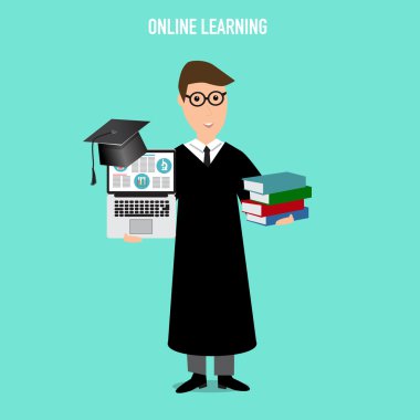 Mezun olunan adam bilgisayar holding ile online öğrenme kavramı ve 