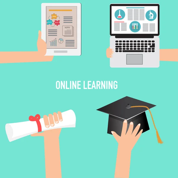 Online Learning Concept con cappello laureato e diplomata.illustrat — Vettoriale Stock