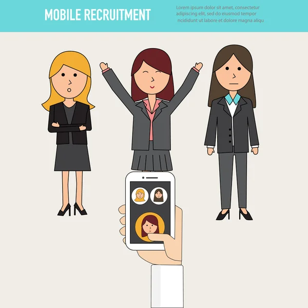 Doodle mulheres de negócios com recursos humanos vect recrutamento móvel —  Vetores de Stock