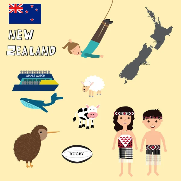 Viagem Nova Zelândia com mapa, observação de baleias, bungy jumping, Maori —  Vetores de Stock
