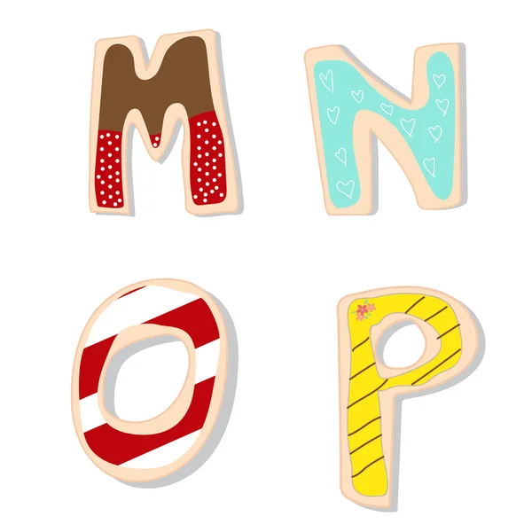 Az angol betűk M N O P kézzel díszített betűk kézzel készített cookie-k — Stock Vector