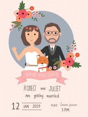 Gelin ve damat ve onların köpek evde beslenen hayvan ile davetiye düğün.