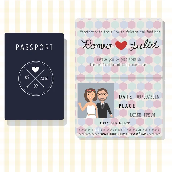 Tarjetas de invitación de boda de diseño de pasaporte con novia y novio .I — Vector de stock