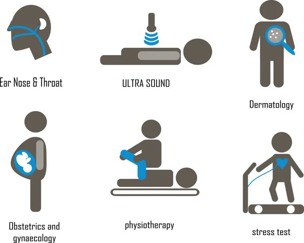 Medische pictogrammen met oor-neus-keel, Ultra geluid, Dermatologie, Obstetric, fysiotherapie, stress test — Stockvector