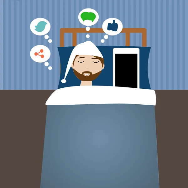 Άνθρωπος hipster στο χρόνο κρεβάτι με έξυπνο τηλέφωνο τον εθισμό τεχνολογία — Διανυσματικό Αρχείο