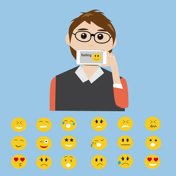 Hipster man say the feeling  with smart phone  the technology addiction and emotion icons — Stock Vector