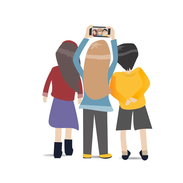 Three People selfie together with smartphone — Stock Vector