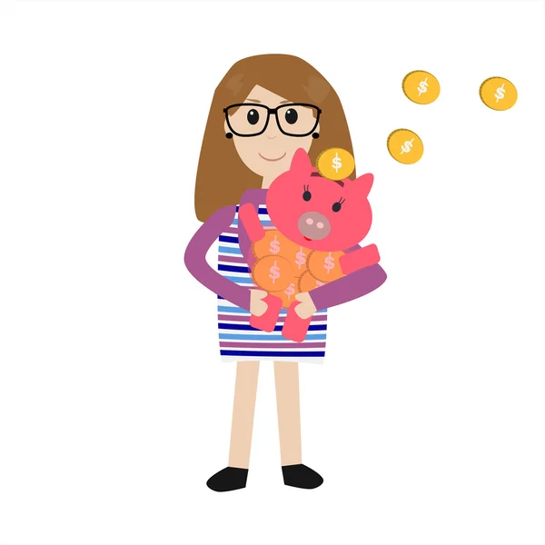 Hipster chica con ahorro de cerdo para ahorrar dinero aislado — Vector de stock