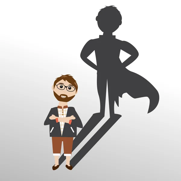 Hipster man and the hero shadow — Stock Vector