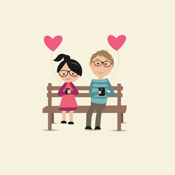 Les amoureux s'assoient sur la chaise et utilisent leur smartphone — Image vectorielle