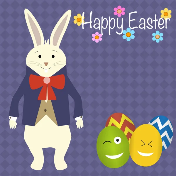 在兔子的衣服和兔子在快乐的复活节徽章适合孩子 — 图库矢量图片