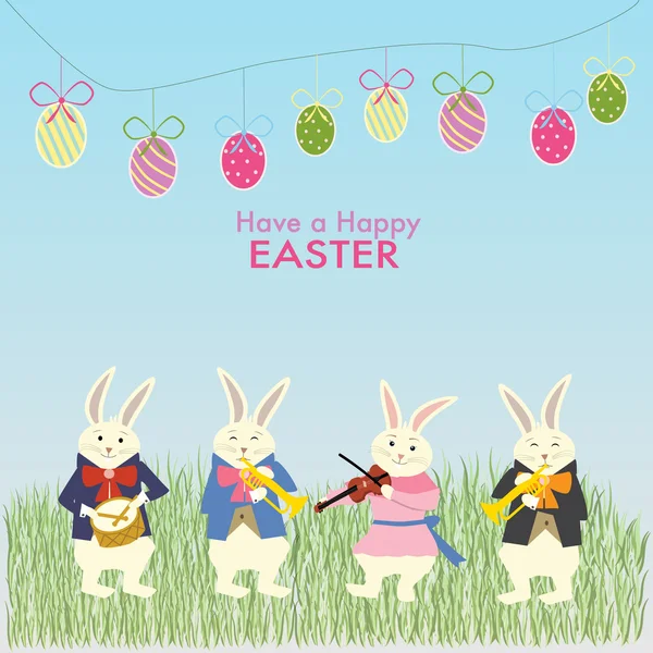 演奏音乐为复活节庆祝四只兔子 — 图库矢量图片