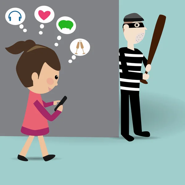Kız akıllı telefon ve hırsız sokak kullanımda yürüyüş onu köşede bekle — Stok Vektör