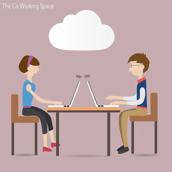 Deux personnes en co-working space et cloud concept — Image vectorielle