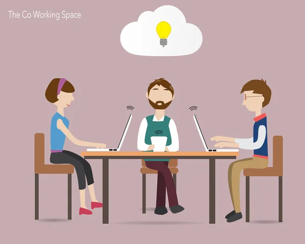 Trei persoane în spațiul de coworking și conceptul cloud — Vector de stoc
