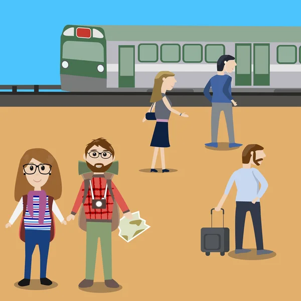 Hipster člověka Cestování s veřejnými vlakem — Stockový vektor