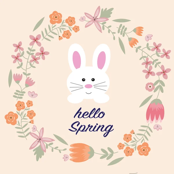 El conejo con corona de flores vintage y hola palabra de primavera — Vector de stock