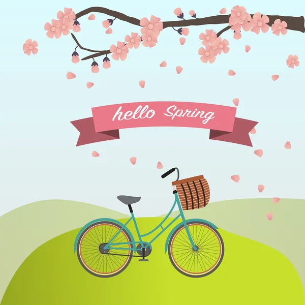 Винтажный велосипед с цветущей вишней — стоковый вектор