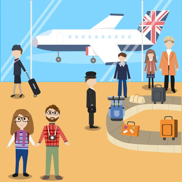Hipster man travel with airplane in England — Stock Vector