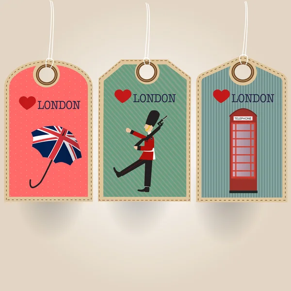 Étiquette Londres avec parapluie de garde royale et cabine téléphonique — Image vectorielle