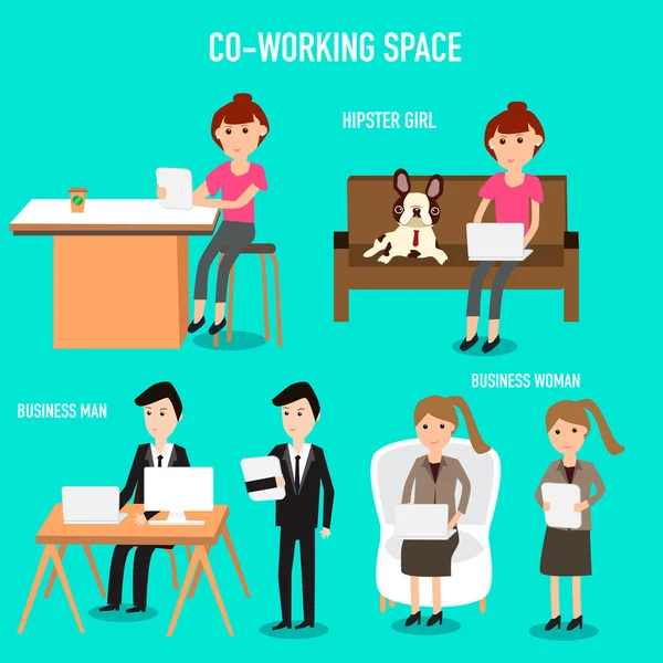 People working in the co-working space infographics elements.ill — Stock Vector