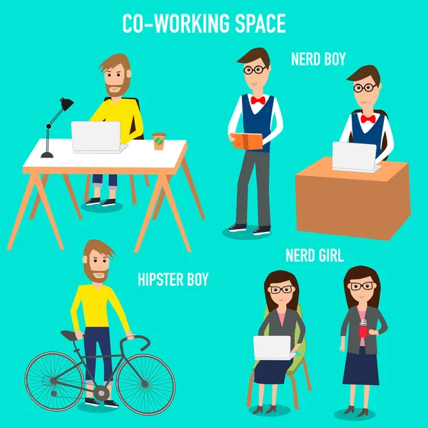 People working in the co-working space infographics elements.ill — Stock Vector