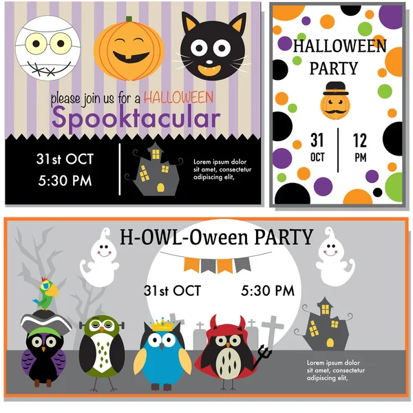Halloween party pozvánky čarodějnice, zombie, černá kočka, sovy cha — Stockový vektor