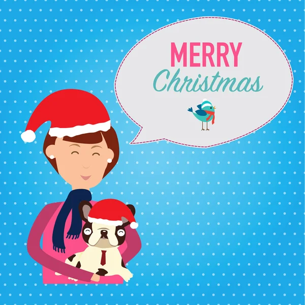 Las mujeres y el bulldog con sombrero de Santa Claus y decir feliz Navidad — Vector de stock