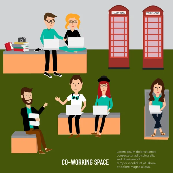 Hipster personas que trabajan en el espacio de co-trabajo infografías elem — Vector de stock