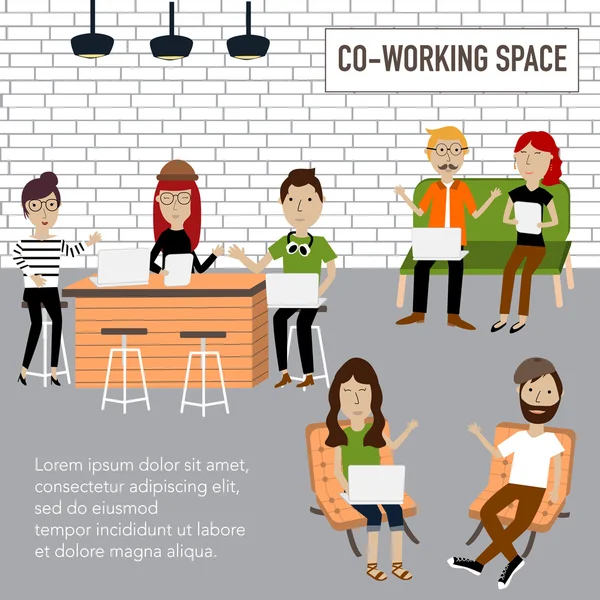 Hipster personnes travaillant dans le co-working espace infographie elem — Image vectorielle