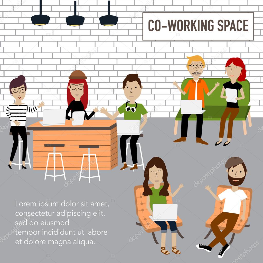Hipster people working in the co-working space infographics elem