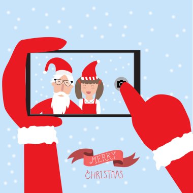 Hipster Noel Baba ve küçük kız selfie m için smartphone ile