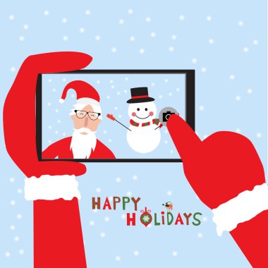 Hipster Noel Baba selfie yanında smartphone için kardan adam ile neşeli