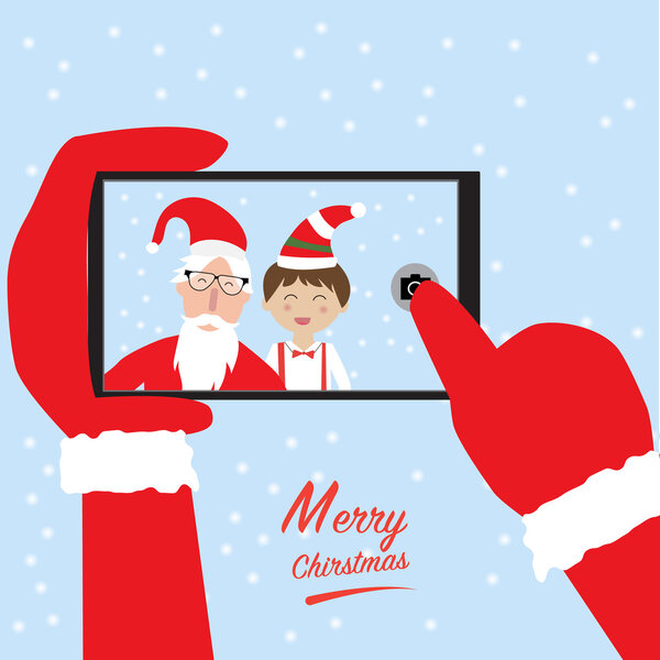 Hipster santa claus and little boy selfie with smartphone for me
